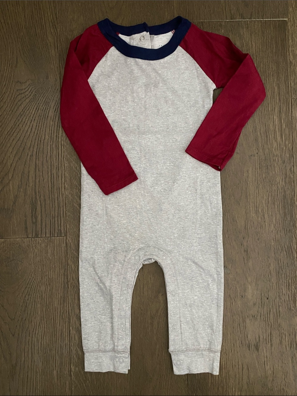 Organic Cotton One-Piece Bodysuit - Gray with Red Sleeves and Navy Trim